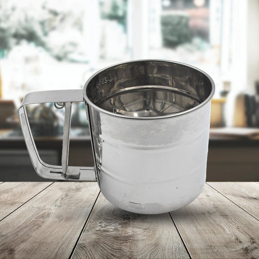 Wukusy 7021 stainless steel flour sifter with measuring scale, handheld baking sieve for kitchen, hotel, and home use