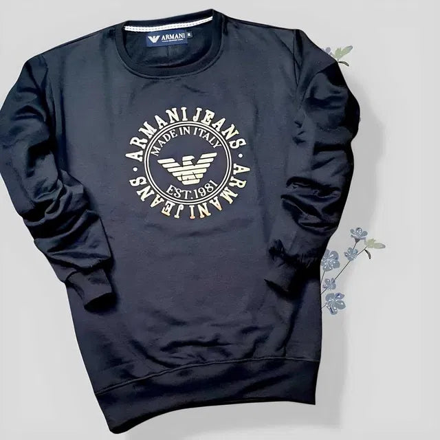 Black fleece printed men's sweatshirt with full sleeves and regular fit, from 8969, featuring a comfortable, casual hoodie design.