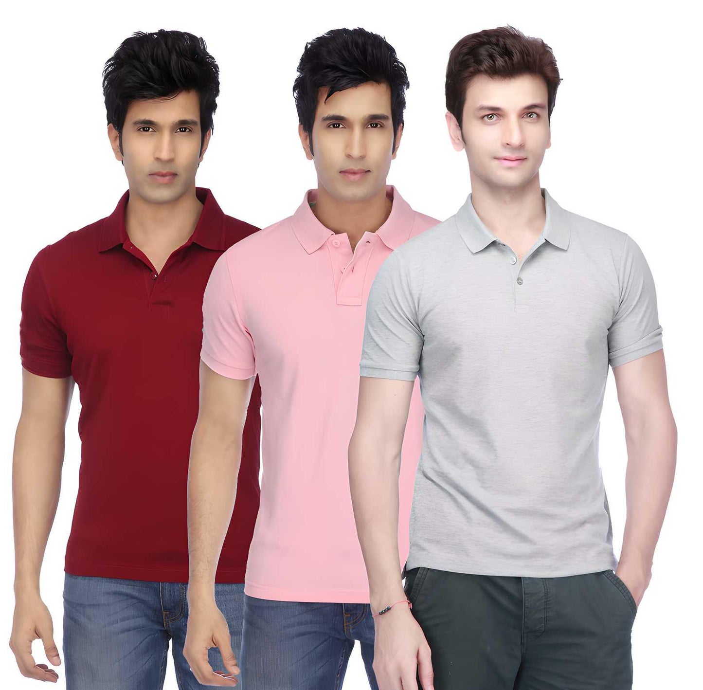 Set of three men's poly cotton solid half-sleeve polo T-shirts in multicolor by 8969, size M, shown laid flat.
