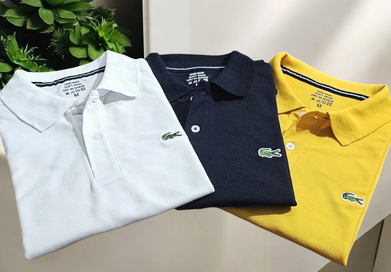 Pack of three multicolor men's polo neck T-shirts by 8969, casual style, available in size M, shown in the image.