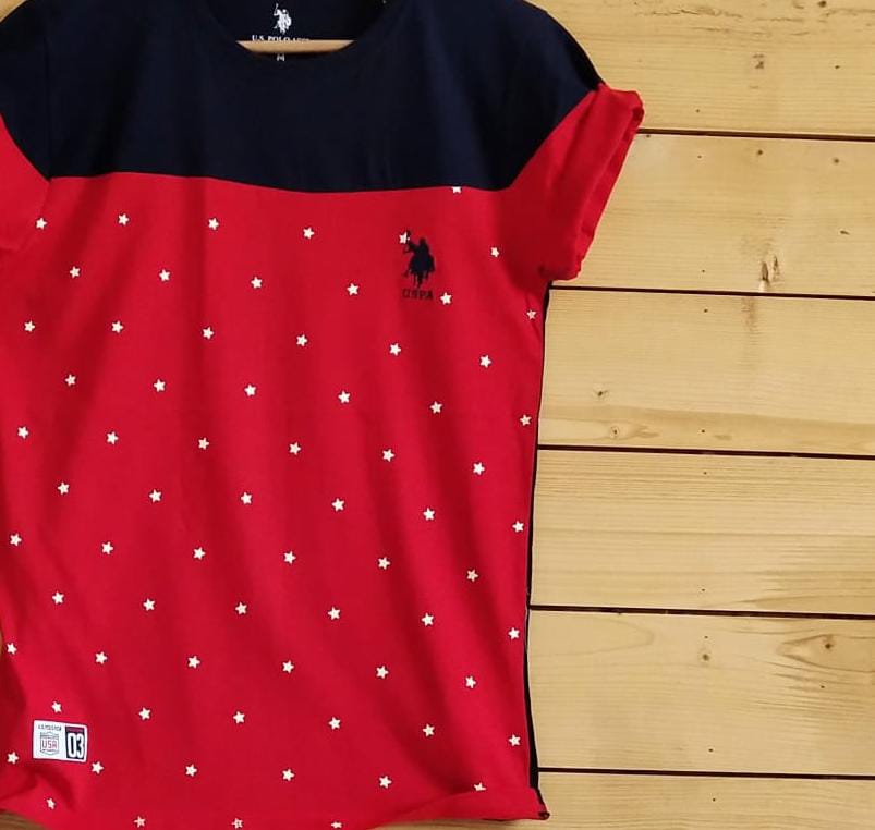 Men's dual printed trending T-shirt in red and black, size S, from 8969 with stylish graphic designs.