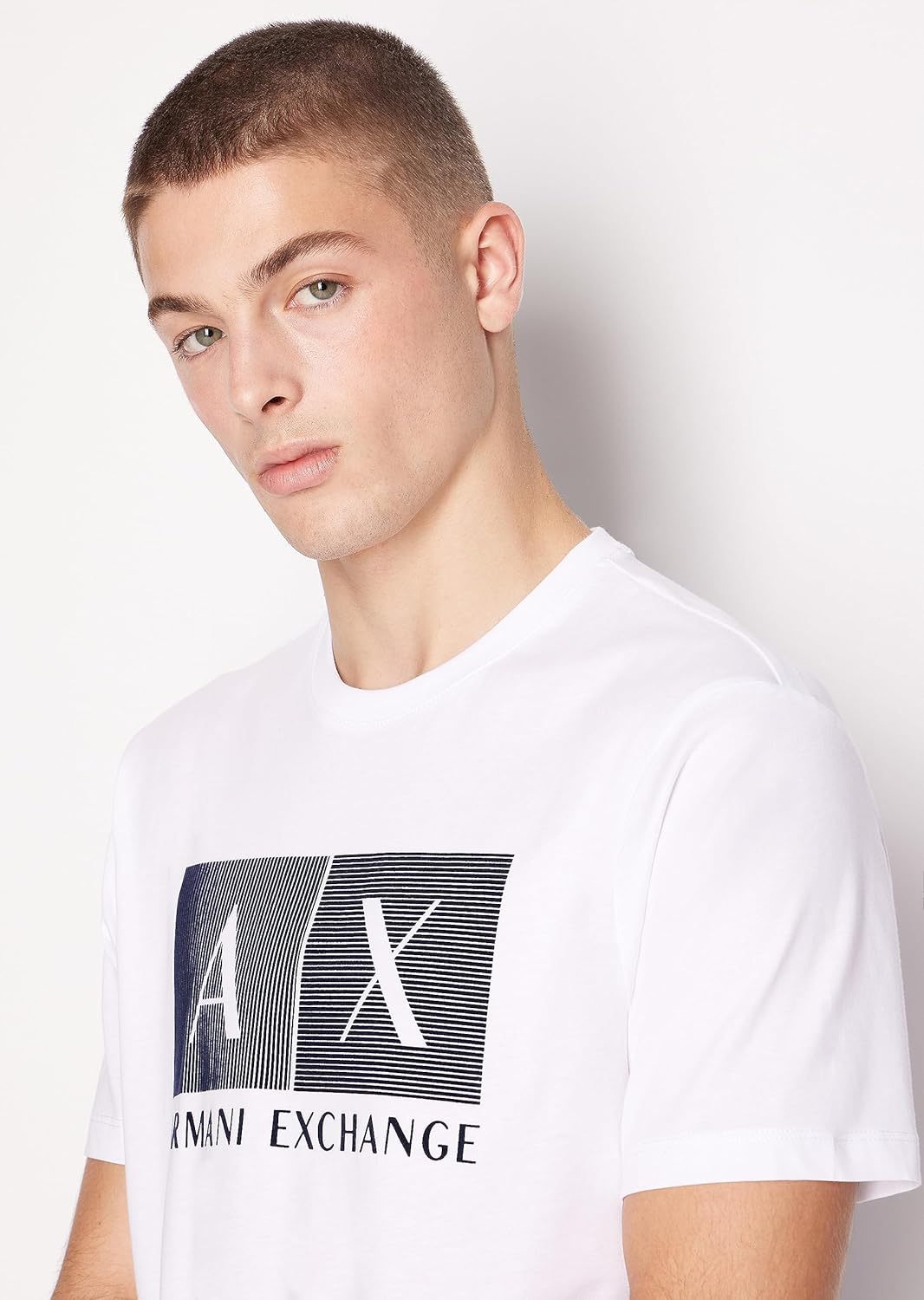 White Armani Exchange men's regular fit T-shirt, size M, plain front, soft cotton fabric, casual style for men.