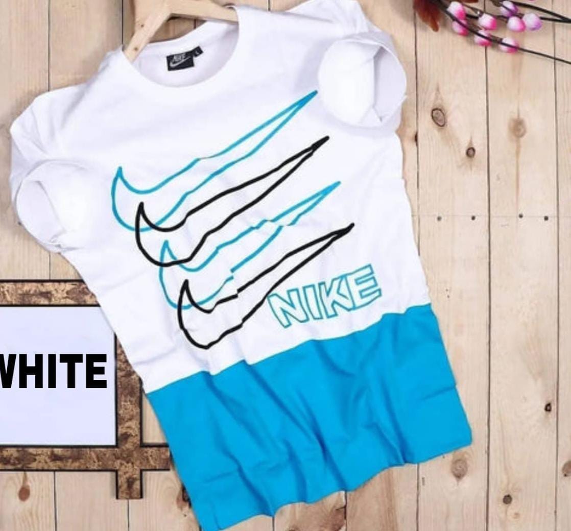 Men's Nike trending T-shirts in white and sky blue, size S, casual crew neck style, displayed flat.