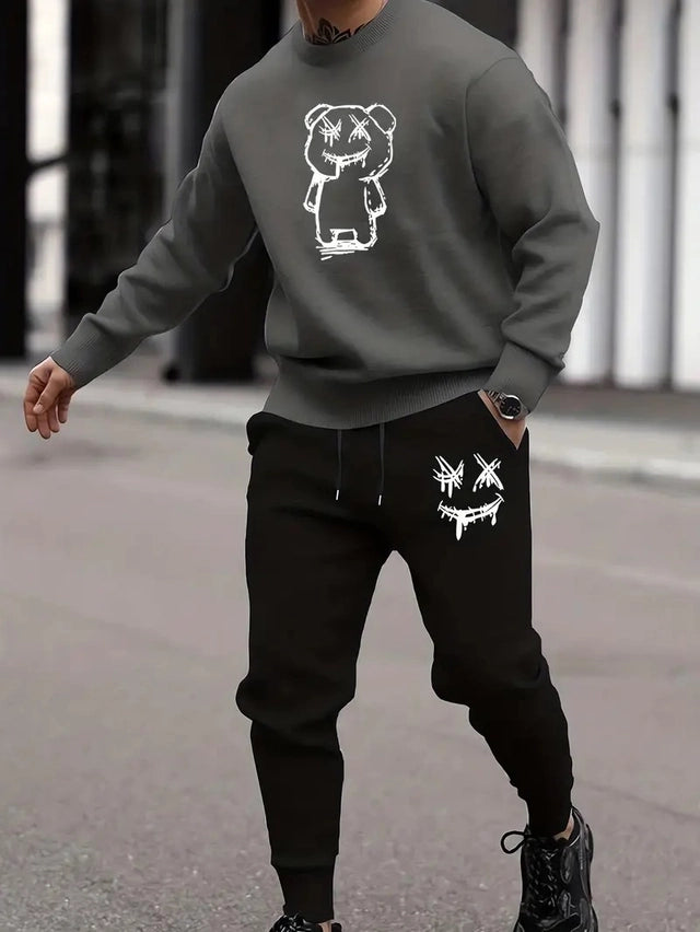 Men's fleece printed tracksuit in black and grey by 8969, featuring a comfortable fit and stylish design.