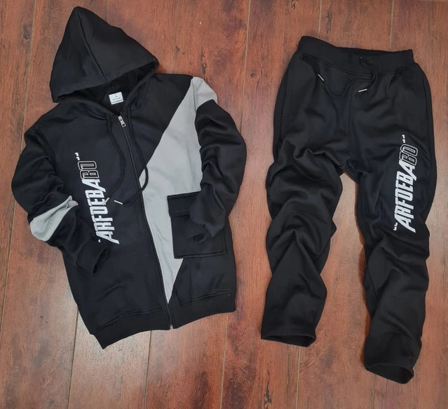 Black fleece printed men's tracksuit by 8969, featuring a comfortable design and stylish print, perfect for casual wear.