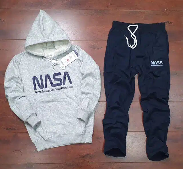 Men's grey and black full sleeves printed tracksuit by 8969, casual athletic wear for men, size M.