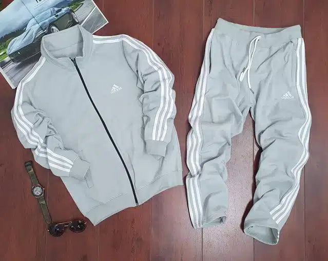 Gray fleece hooded tracksuit for men by 8969, featuring a comfortable fit and casual style in size large.