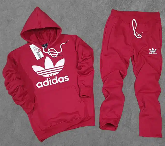 Maroon fleece hooded tracksuit for men by 8969, featuring a comfortable fit and casual style, shown on a model.