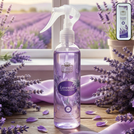 Next Premium English Leather lavender air freshener spray by Wukusy, 250 ml bottle with lavender scent and sleek design.