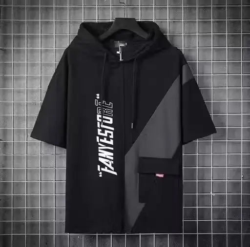 Ekom men's half sleeve hoodie made of cotton blend, casual kitchen and dining style, soft fabric, comfortable fit.