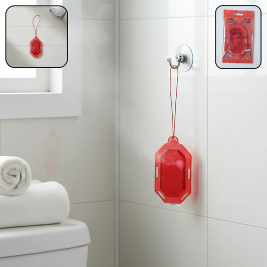 Wukusy hanging bathroom air freshener in apple fragrance with gel, 9.5 grams, displayed hanging in a bathroom setting