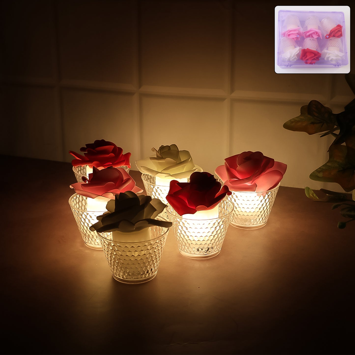 Set of six Wukusy LED rose flower flameless tealight candles for home decor, featuring soft glowing artificial flower lights.