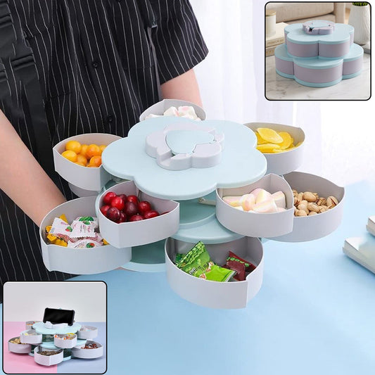 Wukusy rotating flower-shaped candy dish with multiple sections and phone holder, designed for snacks and storage.