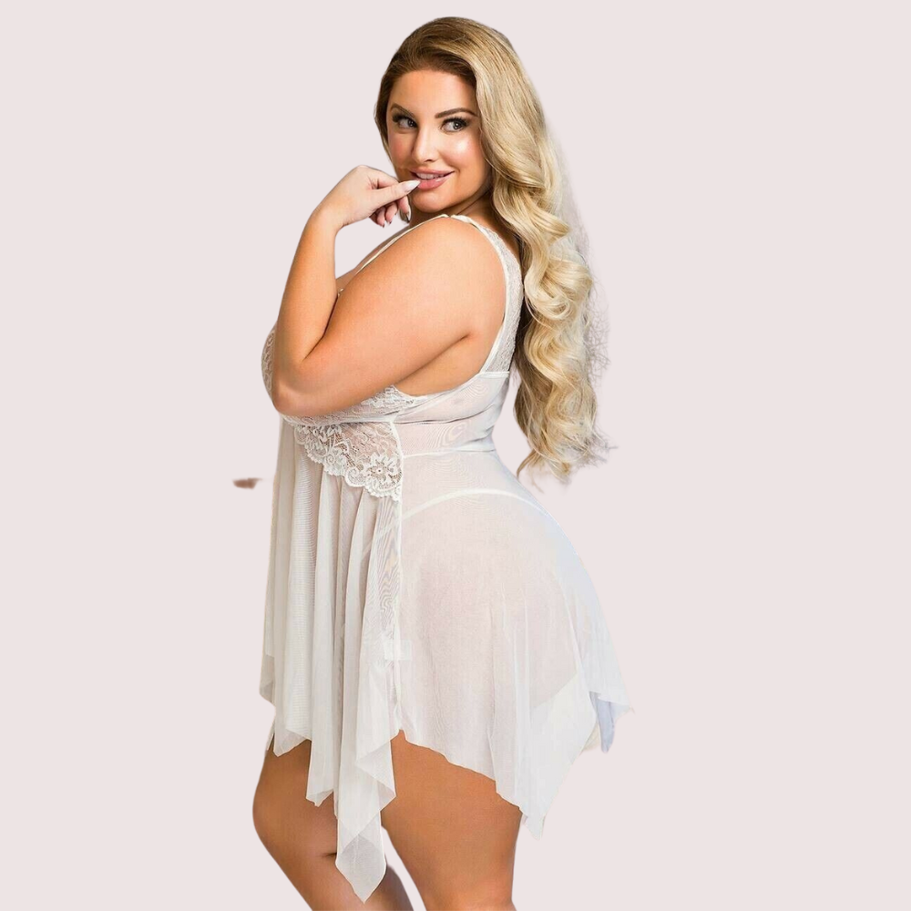 Snazzyway Douce Passion white lace trim babydoll with delicate sheer fabric and floral lace details, perfect for intimate wear.