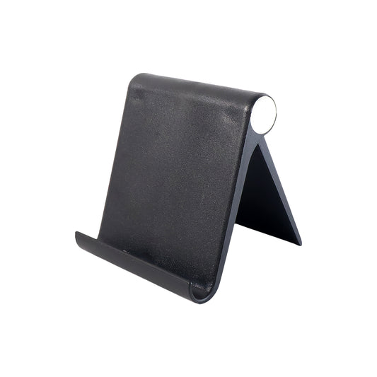 Black plastic foldable desktop mobile stand by Wukusy, designed to hold smartphones securely on a workspace.