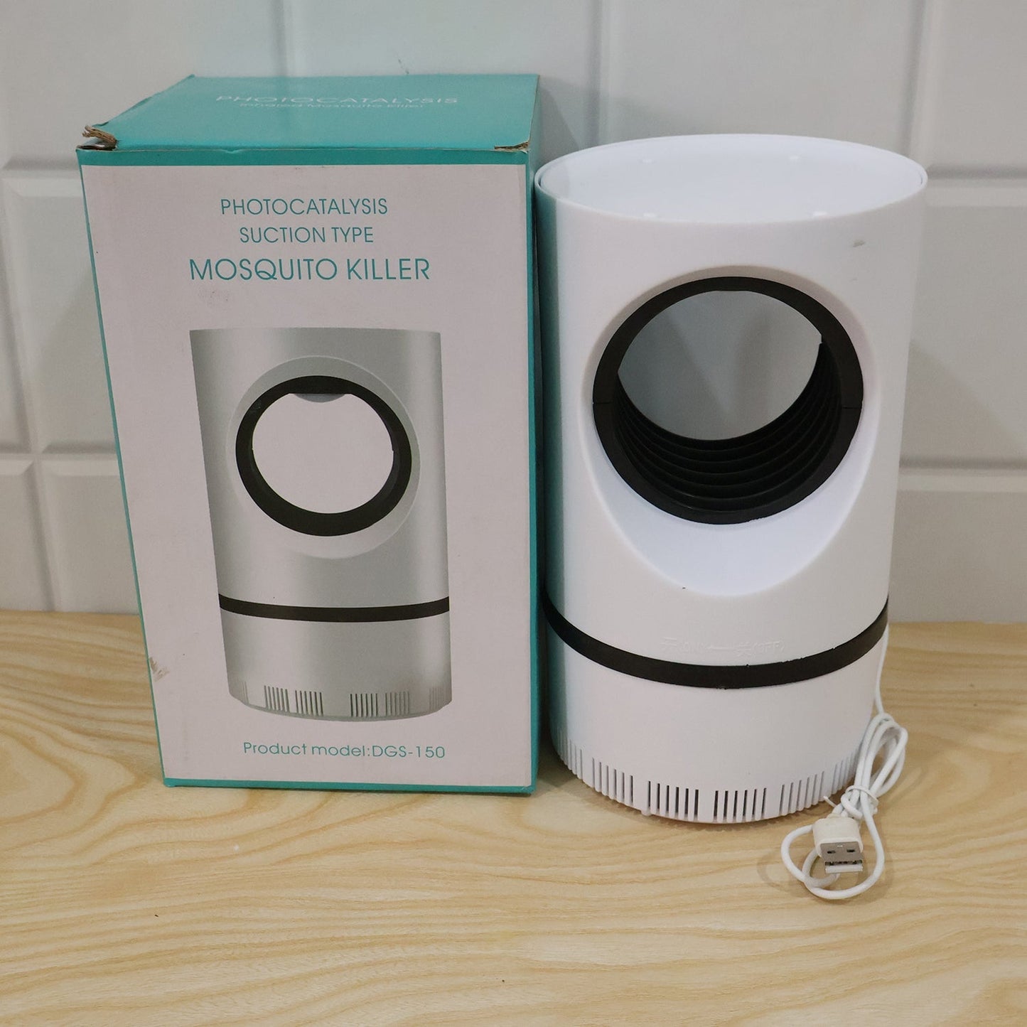 Wukusy electric USB mosquito killer lamp with suction trap, indoor insect trap device showing UV light attracting mosquitoes.