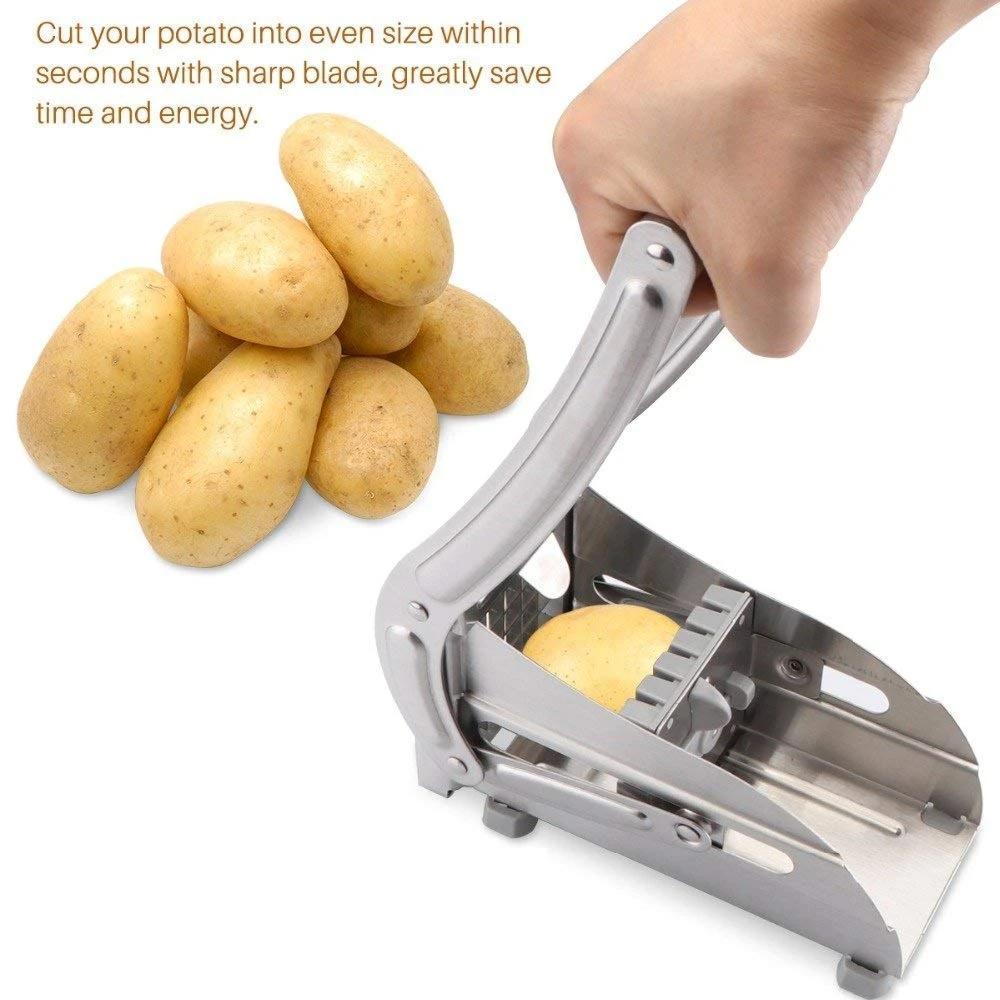 Wukusy French fries potato chips strip cutter machine with blade for home and kitchen use, showing the cutting blade and processed potato strips.
