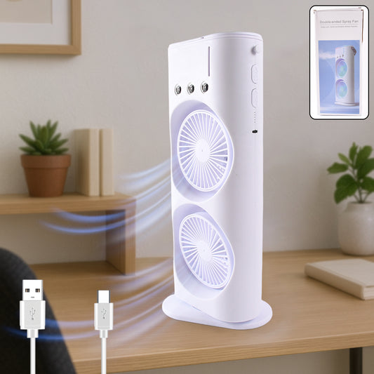 Wukusy portable tower mist spray cooling fan showing a sleek white fan with mist spray feature for air cooling.
