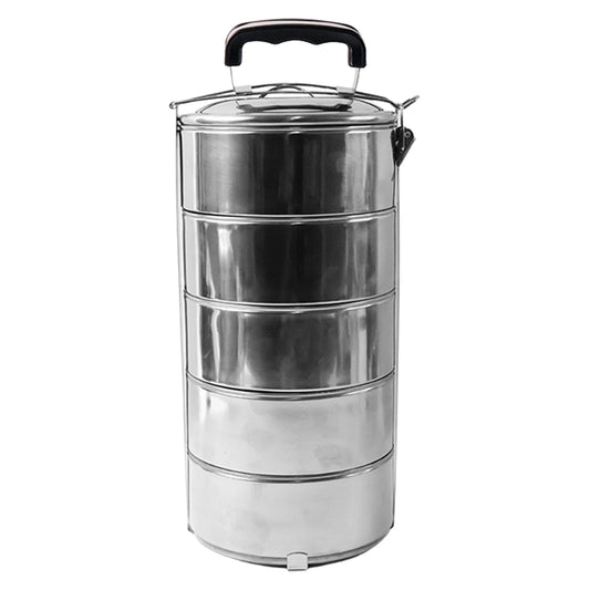 Wukusy 5799 stainless steel 5-compartment lunch box with locking clip, round traditional tiffin box for kids and adults, 16x5 inches