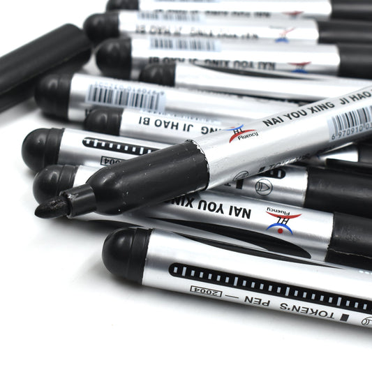 Wukusy 9018 10-piece black marker set for school, college, and office use, with markers used for studies and teaching.