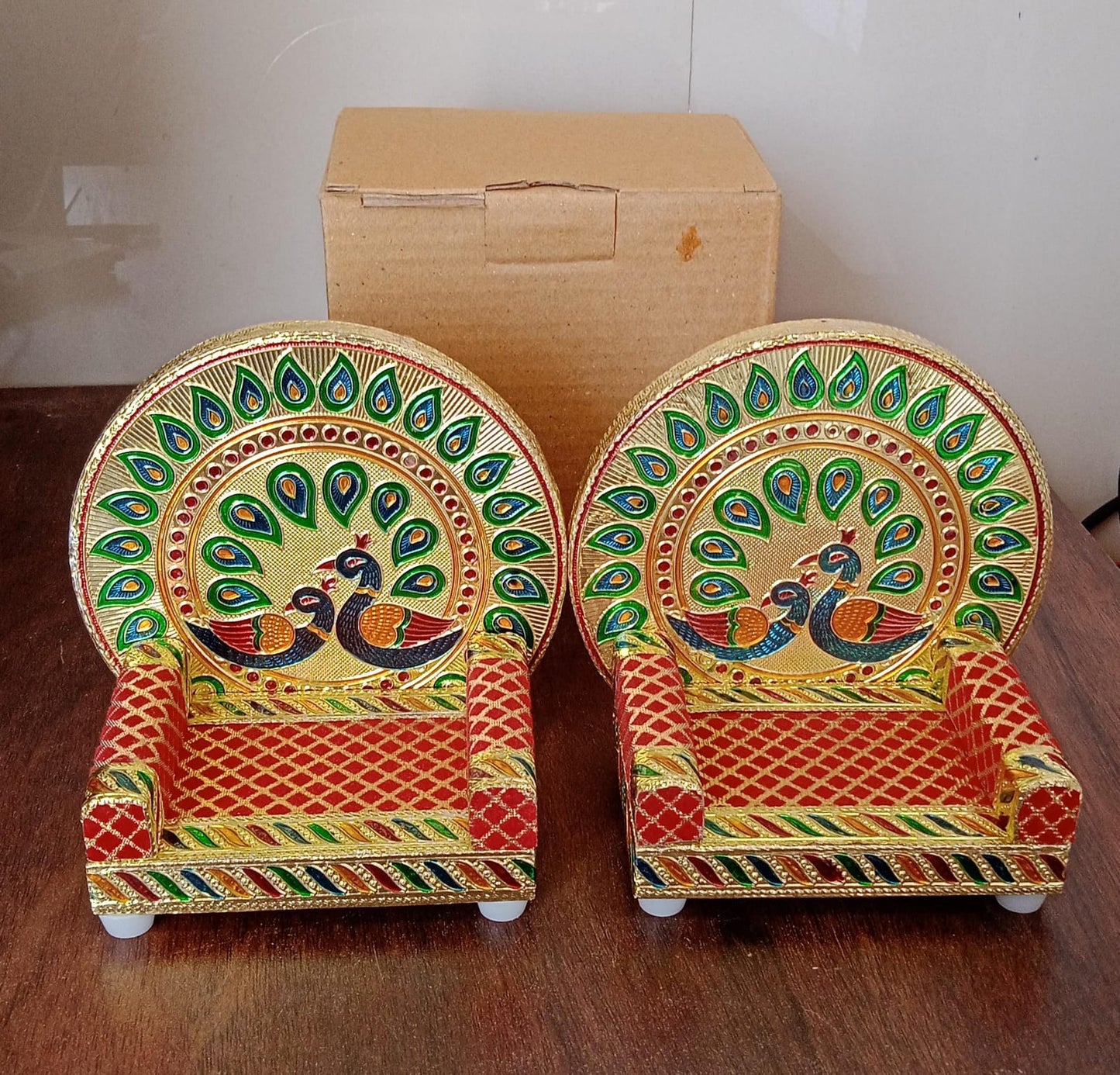 Wukusy Meenakari Work Laddu Gopal Singhasan set with wooden Krishna sofa for pooja mandir, home decor, and religious worship.