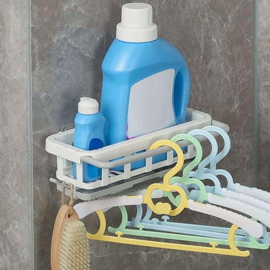 Wukusy plastic hanging drain rack with adhesive hook, retractable sponge holder and dishcloth basket for kitchen and bathroom organization.