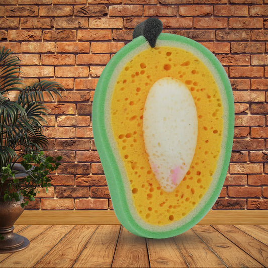 Wukusy mango-shaped kitchen cleaning sponge for dishwashing and bath cleaning, with soft scrubbing surface and bright yellow color.