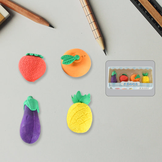 Colorful Wukusy 4-pack mini vegetable and fruit erasers set, cute 3D pencil rubbers for kids, school, and birthday gift.