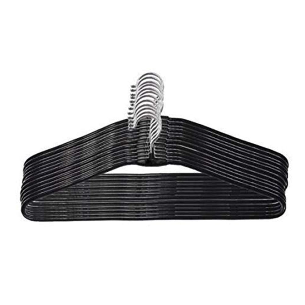 Set of 10 Wukusy 7203 wardrobe cloth hangers hanging on a closet rod, made of durable material for clothing organization.
