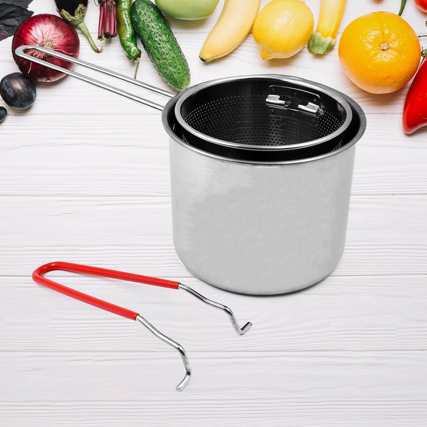 Wukusy small deep frying pot with strainer basket set, stainless steel cookware for frying and draining food.
