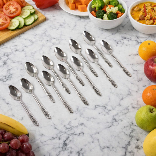 Set of 12 stainless steel table spoons from Wukusy, featuring polished handles and ergonomic design for dining use.