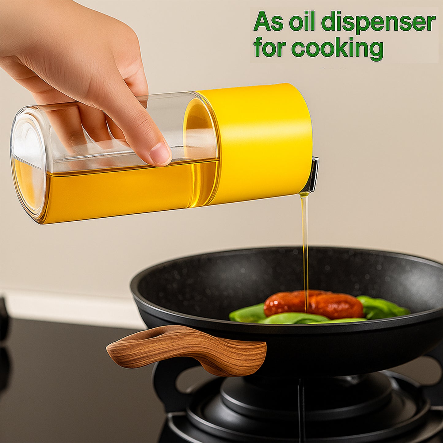 Wukusy 500ml automatic oil dispenser bottle with one-touch controlled pour spout, ideal for kitchen cooking and oil storage.