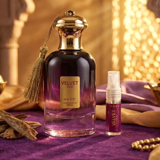 Next Premium Velvet Oud Eau De Perfume by Wukusy, 100ml bottle with elegant velvet packaging and a luxurious oud scent.