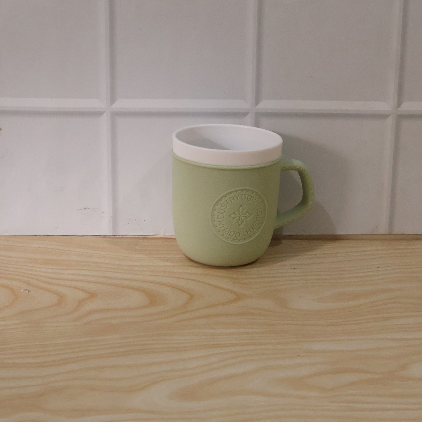 Wukusy plastic coffee mug with handle featuring leather texture, ideal for home or office use, shown in the image.