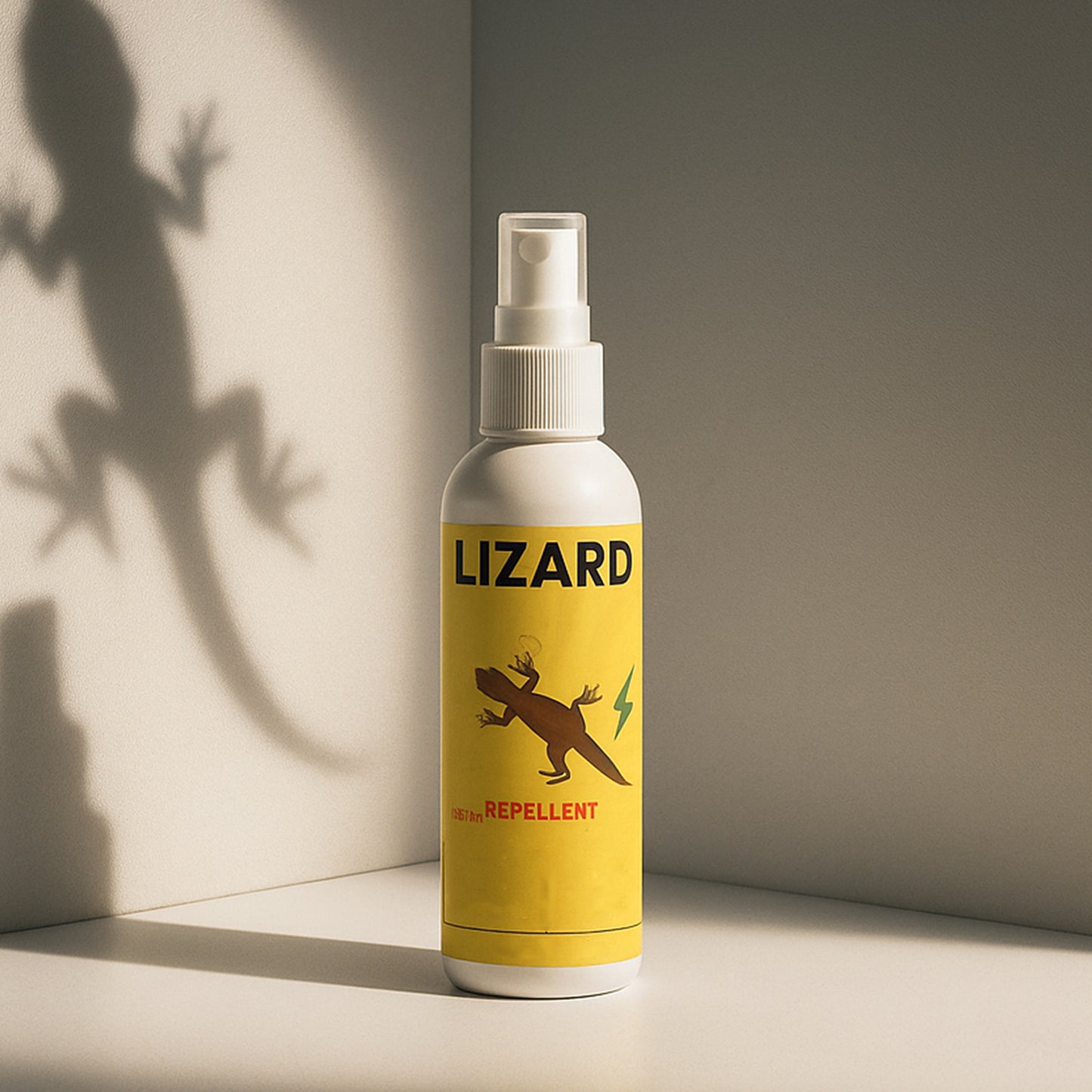 Wukusy lizard repellent spray 100ml bottle for home use, shown with spray nozzle and product label in a home setting.