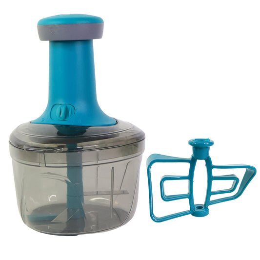 Wukusy Supermom Premium Tringo Push Chopper in white, compact kitchen tool for chopping vegetables and herbs efficiently.