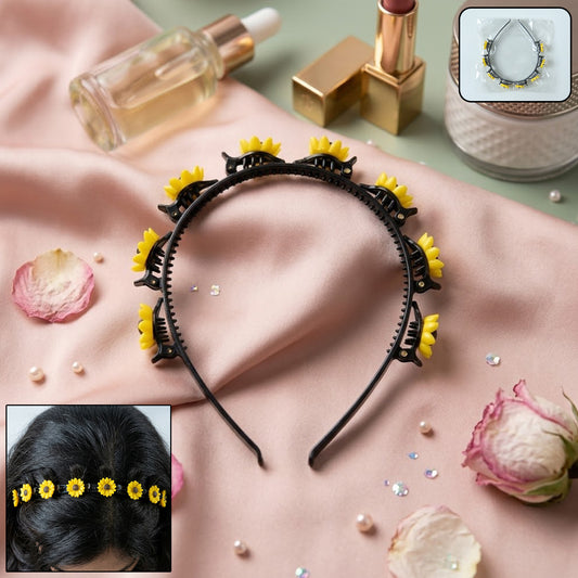Wukusy sunflower floral clip hair band with yellow sunflower and greenery design, ideal for stylish hair accessories or casual wear.