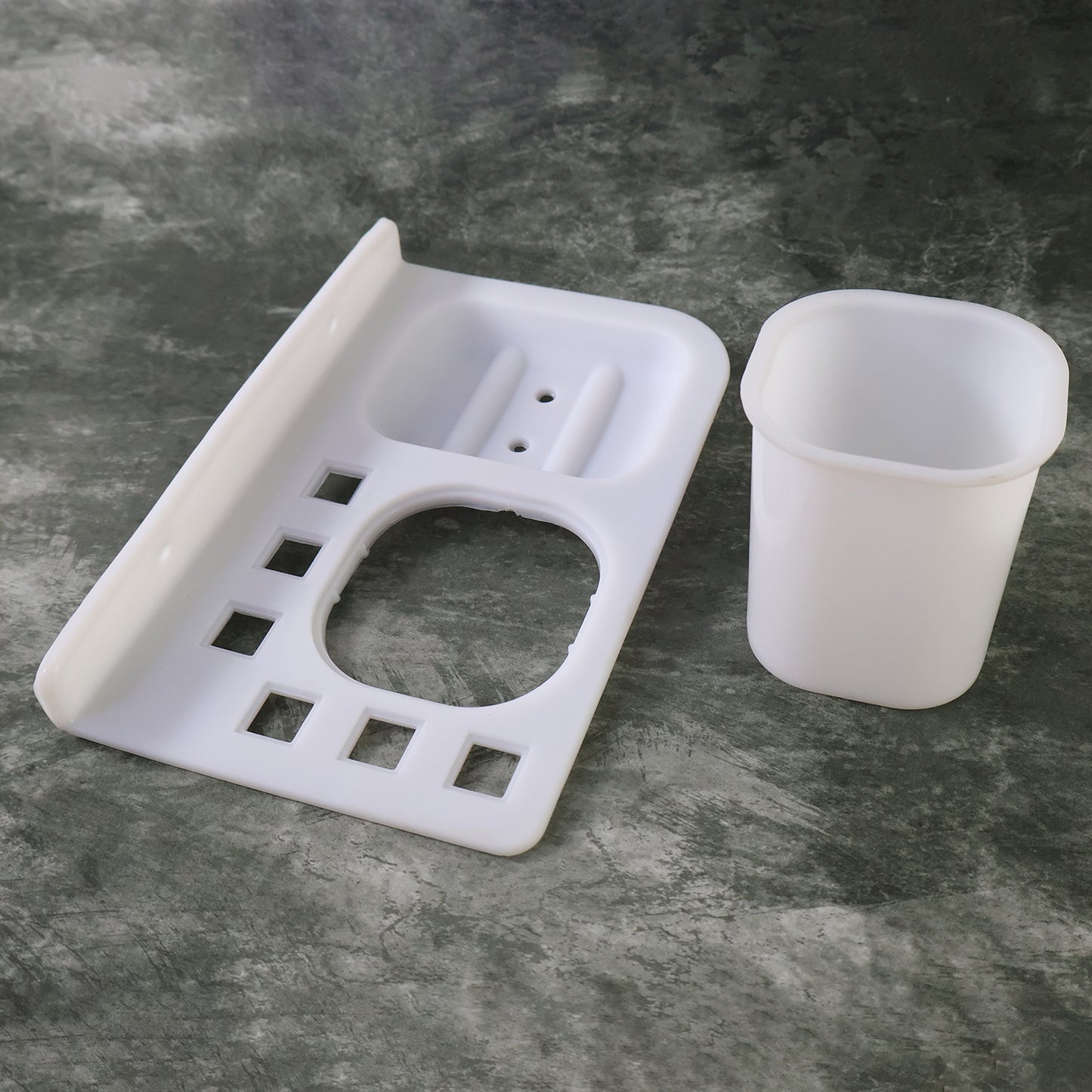 Wall-mounted Wukusy 3-in-1 multi-compartment toothbrush and soap holder with cup for bathroom organization, featuring multiple storage compartments.