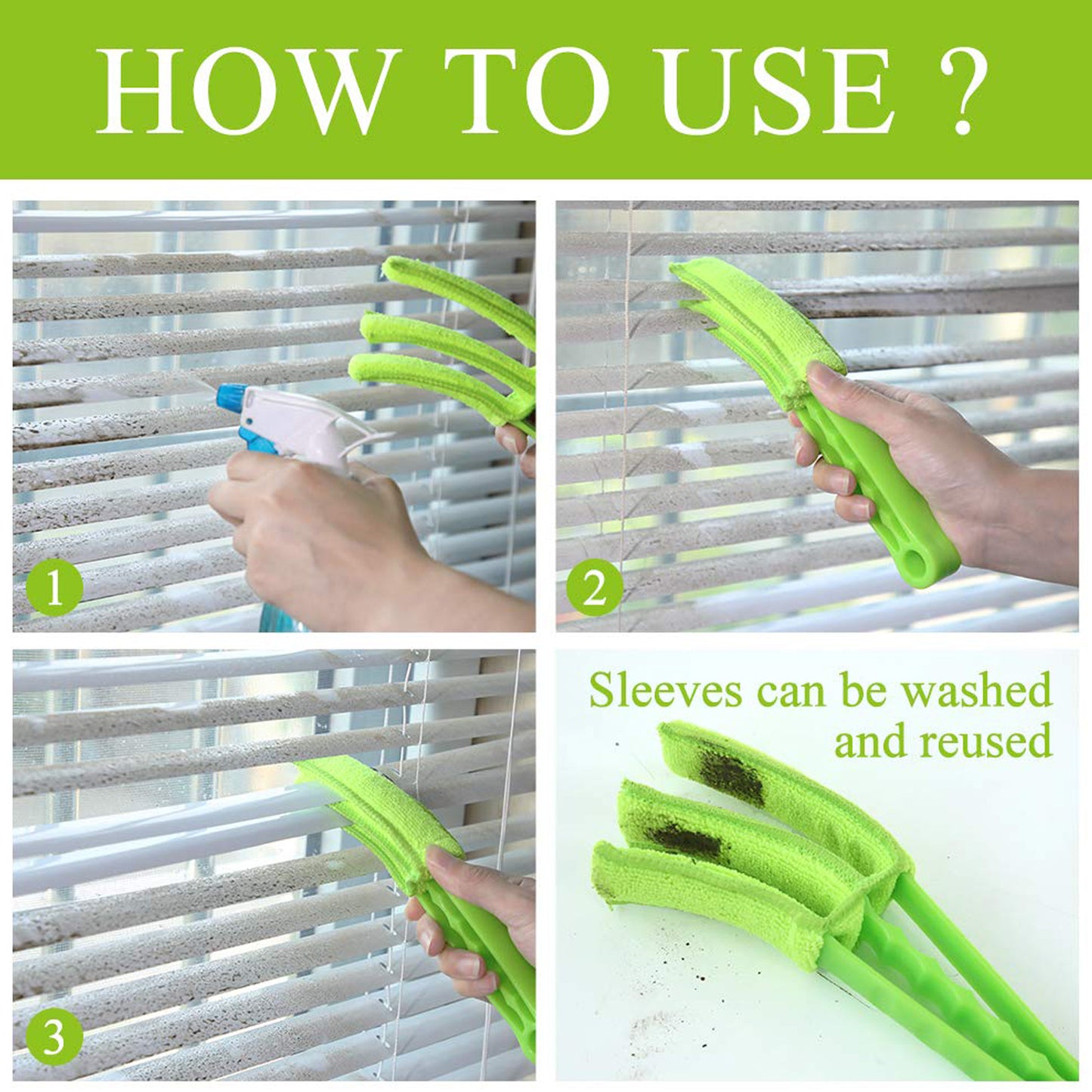 Wukusy 7729 window blind cleaner duster brush with microfiber sleeves for cleaning window shutters, blinds, and air conditioners.