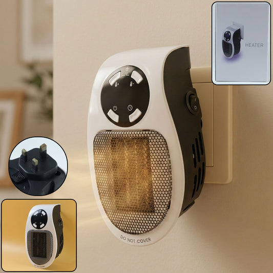 Wukusy 500W portable wall plug room heater, compact electric space heater with adjustable temperature and safety features.
