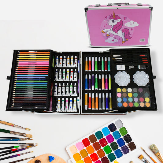 Wukusy 17980 professional art set with unicorn case, includes crayons, oil pastels, watercolor cakes, paintbrush, sharpener, eraser for kids