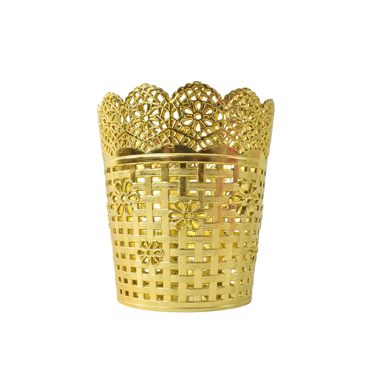 Wukusy metal mesh office pen holder on desk, organized with pens and stationery, durable metal desk accessory for office use.
