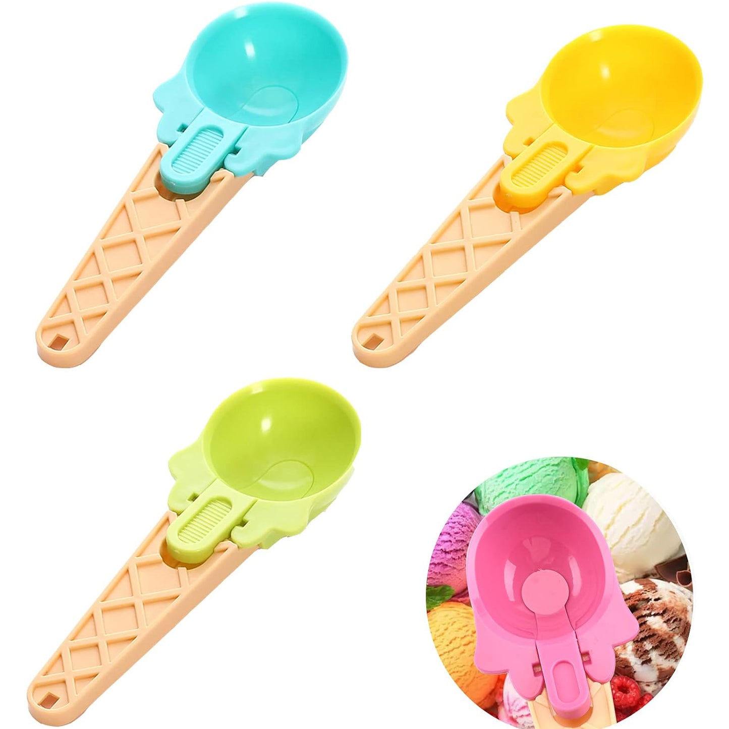 Two Wukusy plastic watermelon ice cream spoons with trigger dipper for serving ice cream and fruit balls at summer parties.