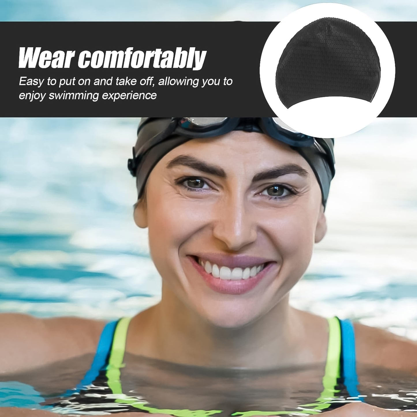 Wukusy premium silicone waterproof swimming cap for sports, shown on a model's head, designed to keep hair dry during swimming.