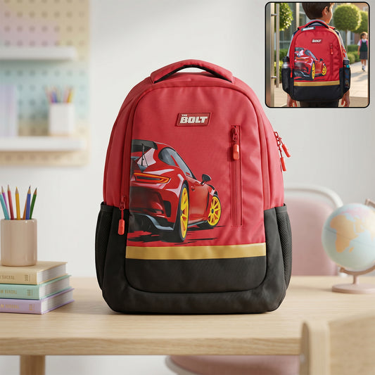 Wukusy 19-inch kids' school bag featuring colorful car design with adjustable straps and spacious main compartment.
