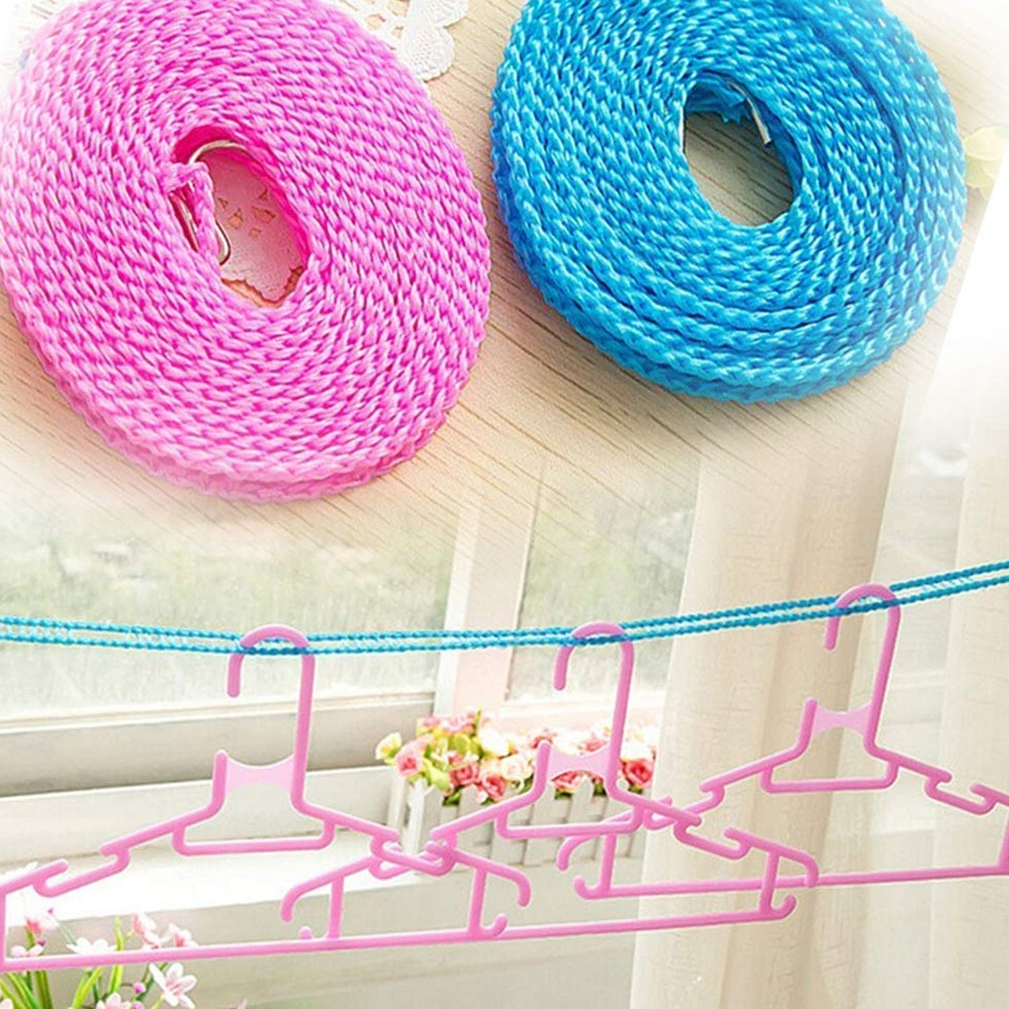 Wukusy 3-meter Windproof anti-slip nylon clothes drying line with hooks, suitable for indoor and outdoor laundry drying and camping.
