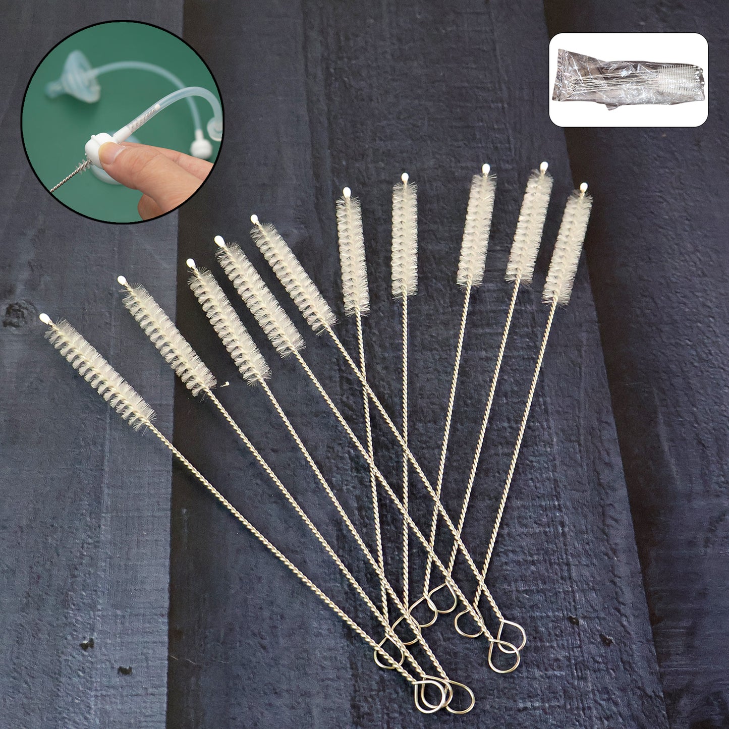 Wukusy 10-piece straw bottle cleaning brush set with flexible bristles for thorough cleaning of narrow bottles and straws.
