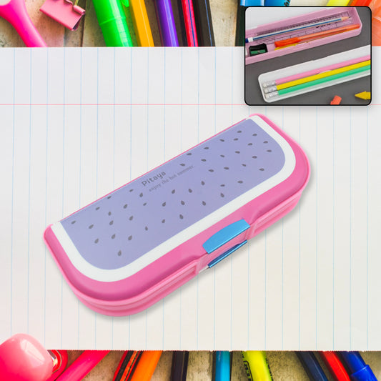 Wukusy multipurpose cartoon compass box pencil case with two compartments, colorful design, suitable for school and kids' storage.