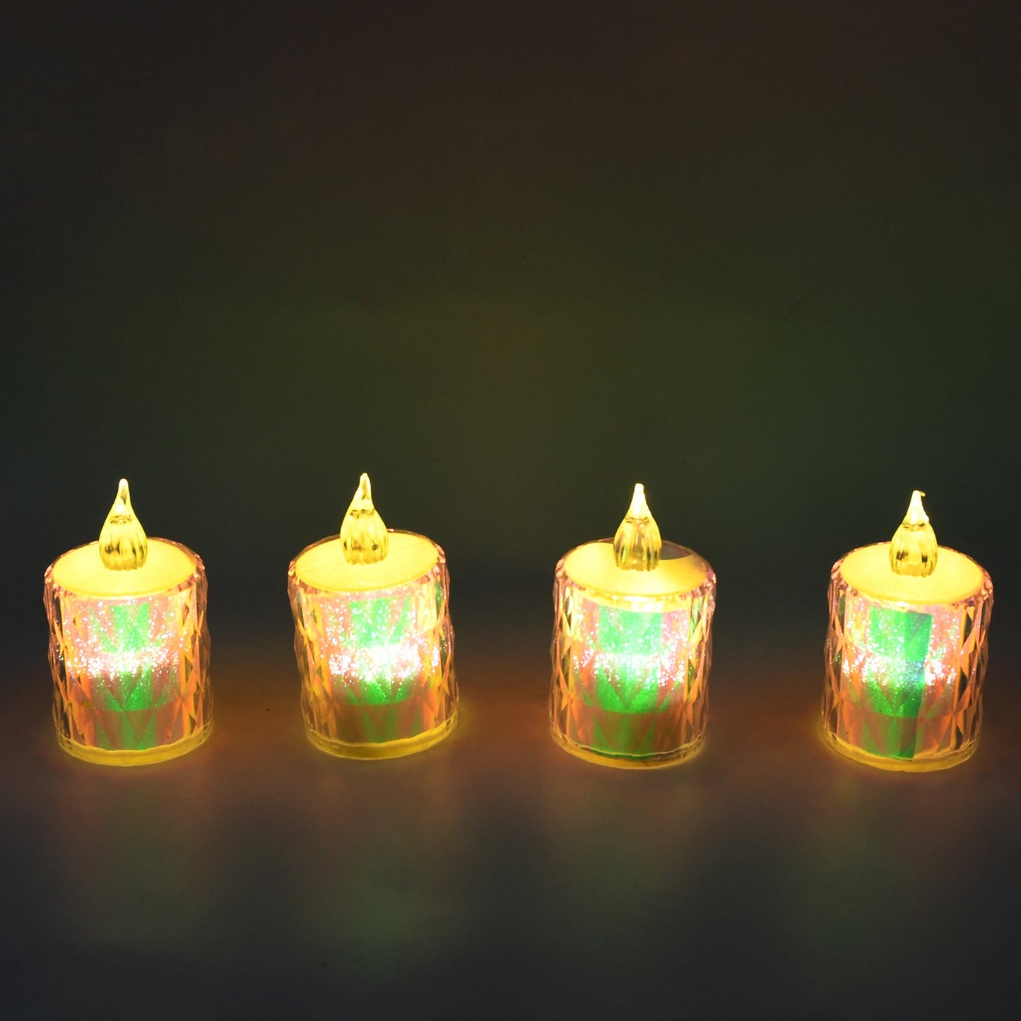Set of four Wukusy flameless, smokeless decorative melting candles LED tea lights on a cozy home decor setup.