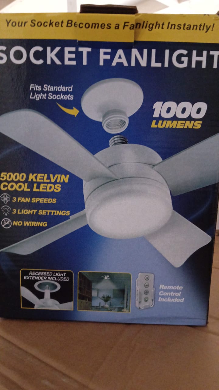 Wukusy Socket Fan Light with LED, cool white 5000K, 1000 lumens, ceiling fan light with remote, suitable for bedroom or living room
